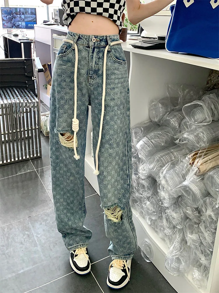 

Hole Woman Jeans High Waist Wide Leg Trousers Mom Jeans High Waist Pants Loose Vintage Straight Pants Trousers for Girls