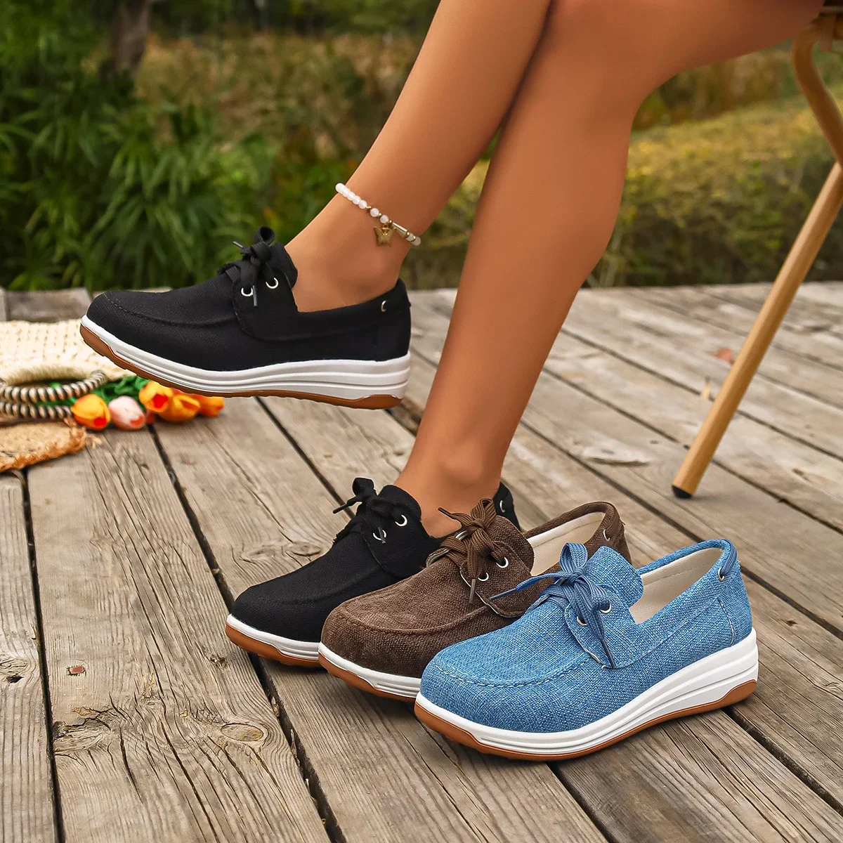 

Women Fashion Sneakers Round-toed Lace-up Wedge Casual Sneakers Spring Autumn Versatile Thick-soled Vulcanized Shoes Women