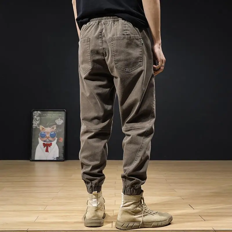 Men's Classic Solid Color Multiple Pockets Cargo Pants High Quality Waist Drawstring Loose Street Casual Male Haren Trousers