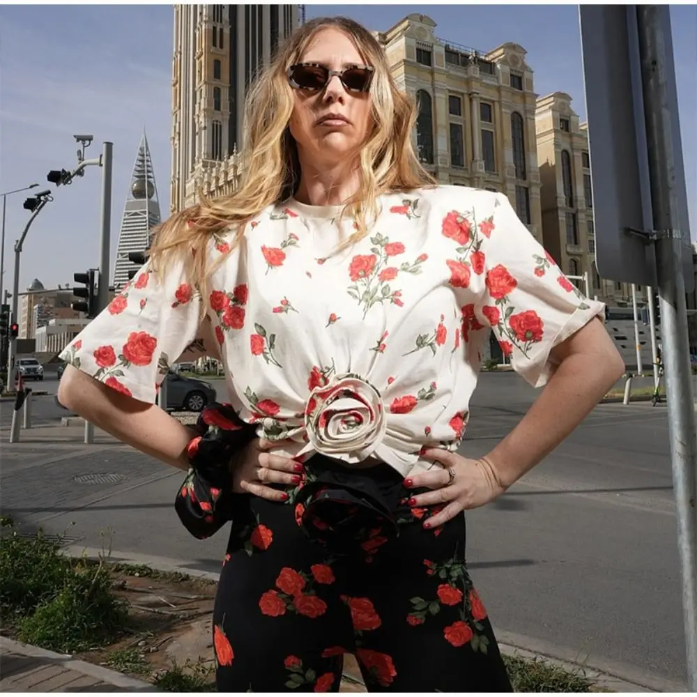 

New Shoulder Pads Flower Print T-shirt Street Fashion Casual Lady Tops Holiday Wear Blouse