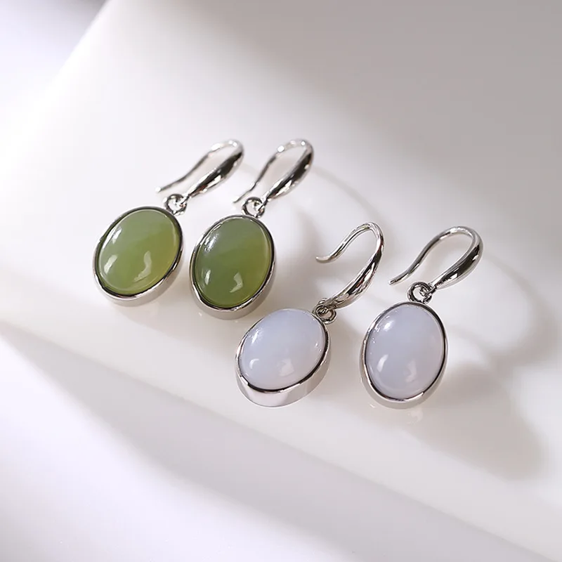 S925 Sterling Silver Hetian Gray Mauve Jade Eardrops Simple Personalized All-Match Women's Ear Hook Earrings