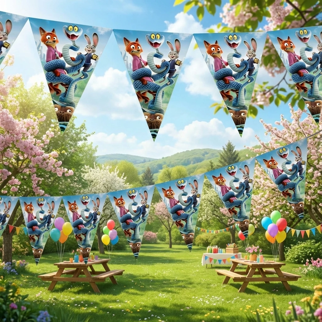 Decoraciones de bandera triangular con tema de Zootopia para suministros de fiesta, decoraciones para fiesta de cumpleaños, caja de dulces, bolsas de regalo, carteles, Festival