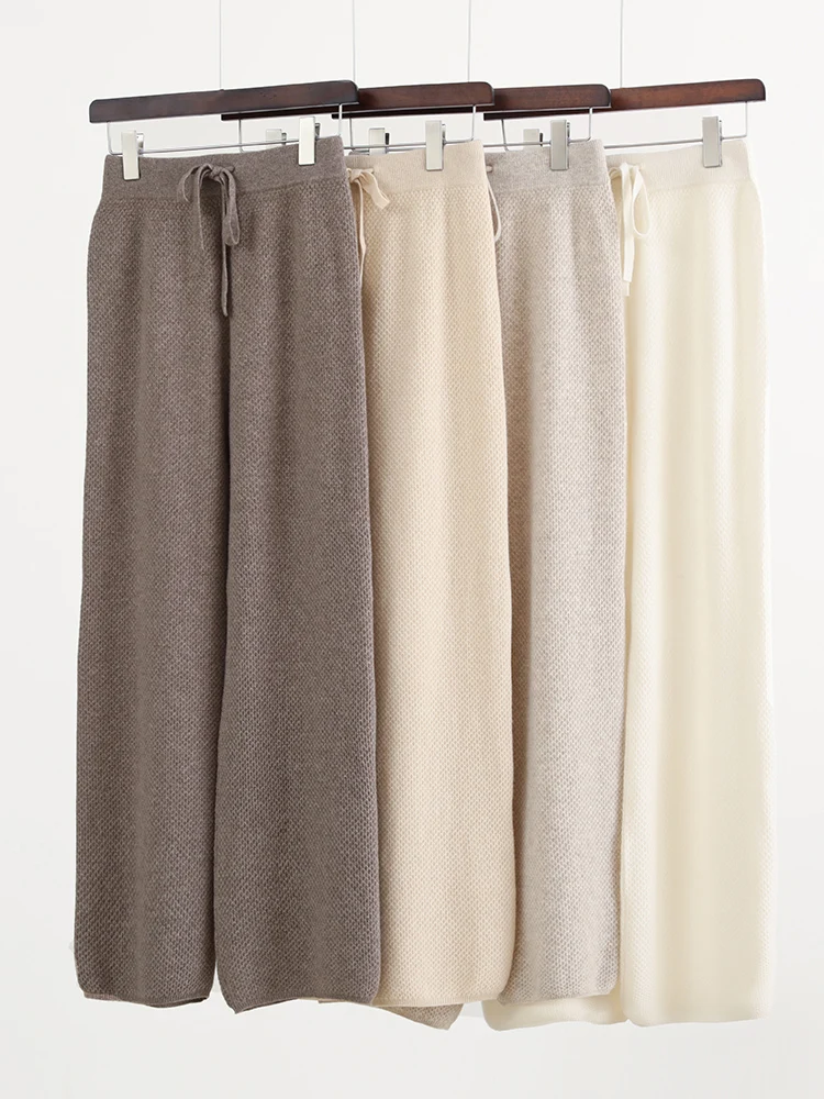 

High Quality Women Autumn Winter Soft Warm 100% Merino Wool Knitted Wide-Leg Pants Casual Loose Fashion Solid Lace-up Bottoms