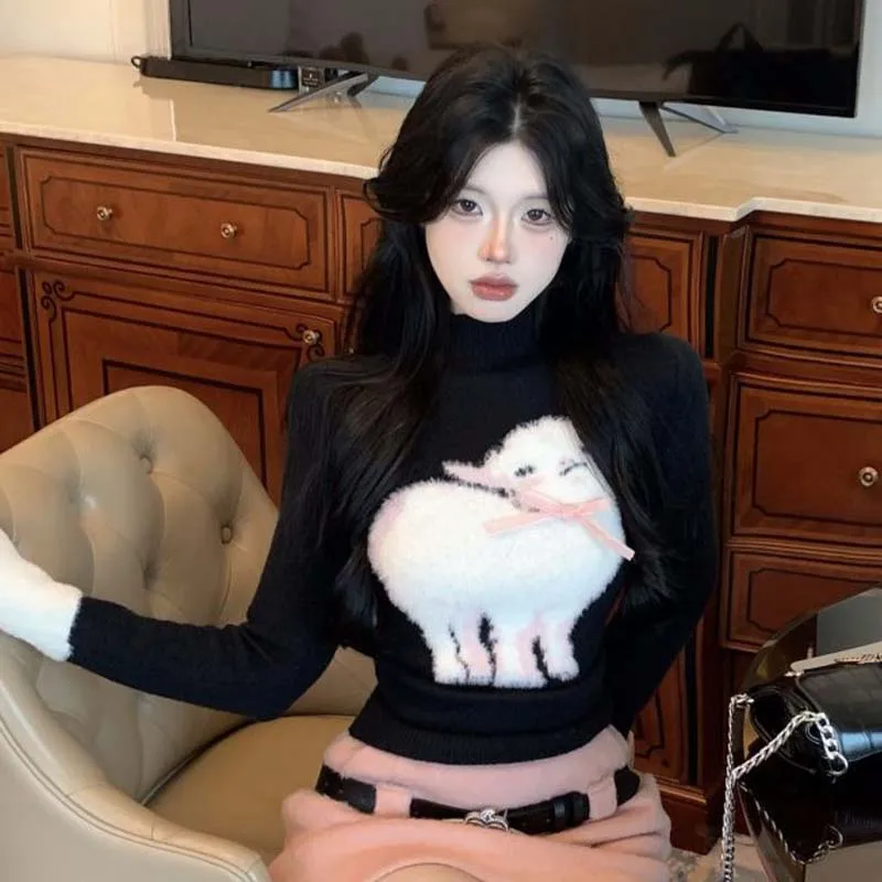 Sweet Hottie Black Turtleneck Sweater Autumn Winter Woman Cute Korean Kawaii Knitwears Vintage Jerseys Pullovers Tops Soft Cozy