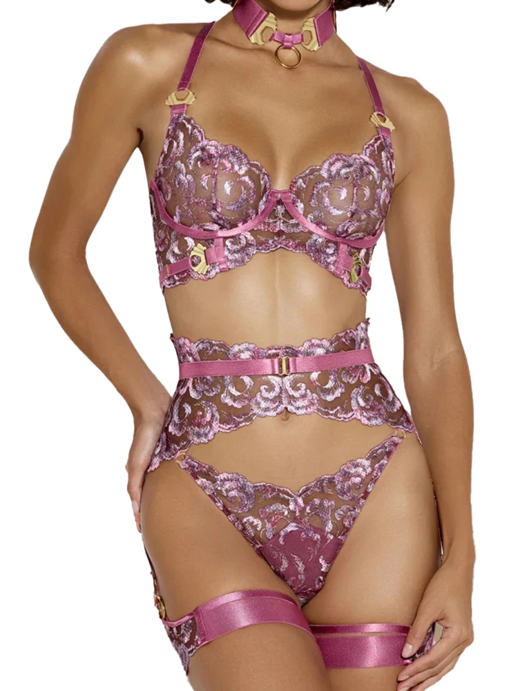 Belamimi Women 5‑Piece Lingerie Set Heavy Craft Floral Embroidery Pink Shell Buttons Decor Slim Shaping Sexy Intimate Lingerie