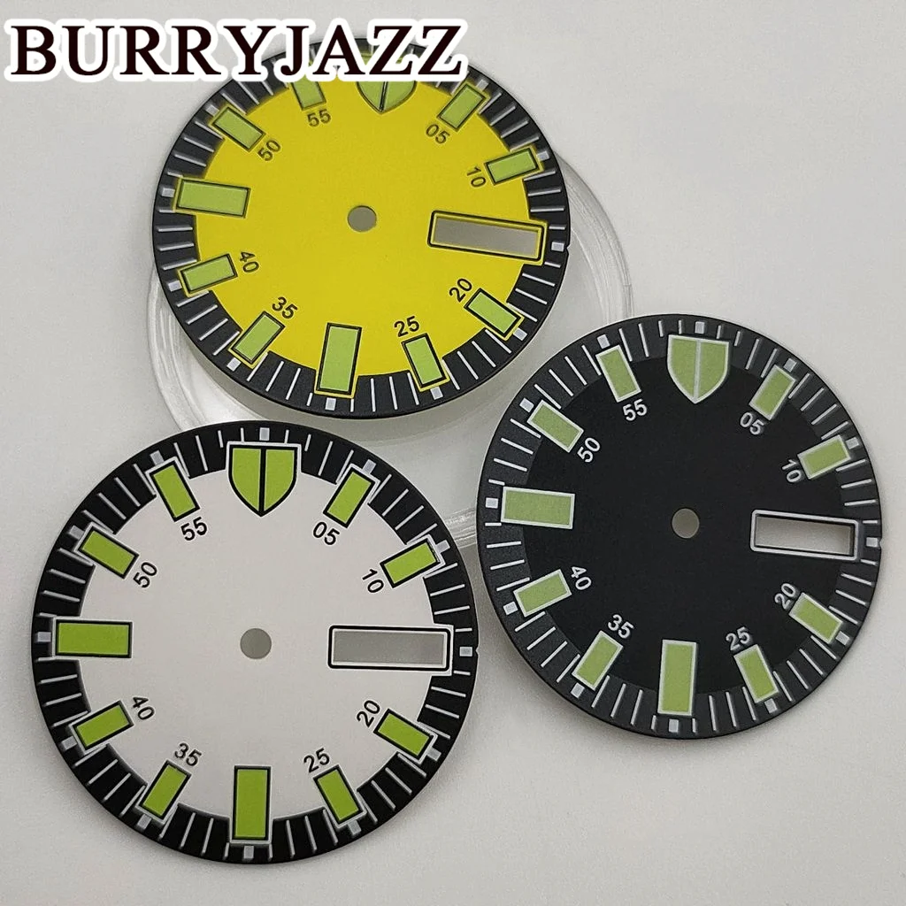 BURRYJAZZ 28.5mmBlack White Orange Yellow Red Blue Sterile Dial Luminous Dial NH35 Movement Fit 3 O'clock 3.8 O'clock Case Crown