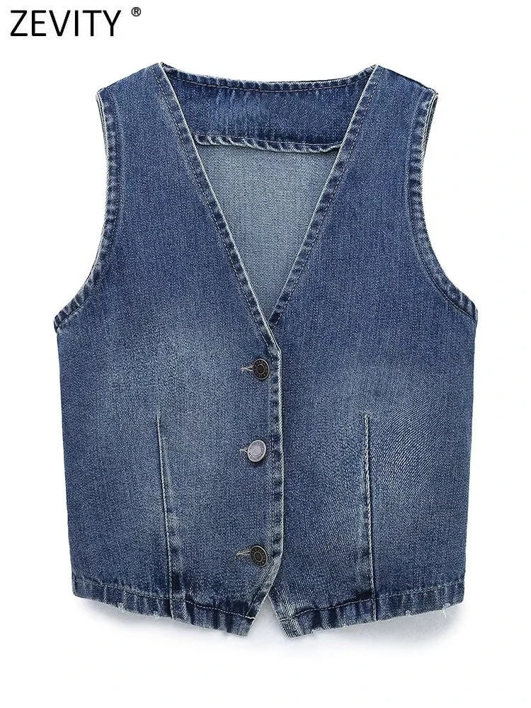 Zevity 2022 Women Fashion V Neck Sleeveless Slim Denim Vest Jacket  Ladies Retro Metal Buttons Short WaistCoat Tops CT2940