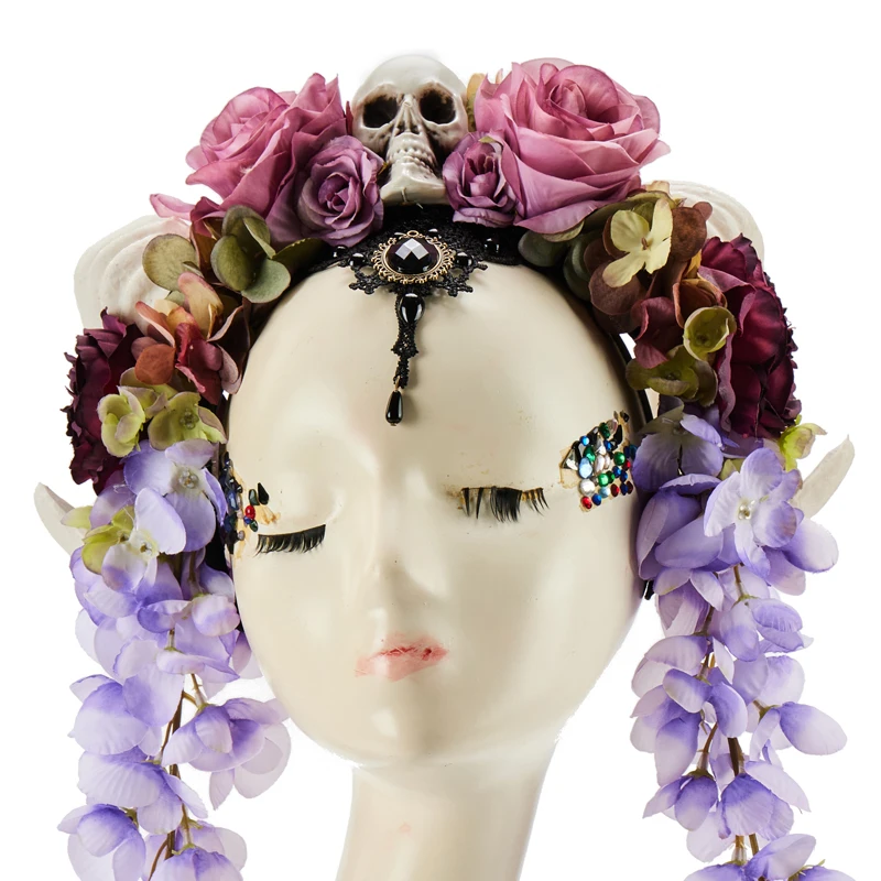 Diadema de cuerno de oveja Retro gótico, diadema de cuerno de cabra, aro de pelo Floral, velo de Calavera, borlas de flores, accesorios de decoración de Halloween, vestido