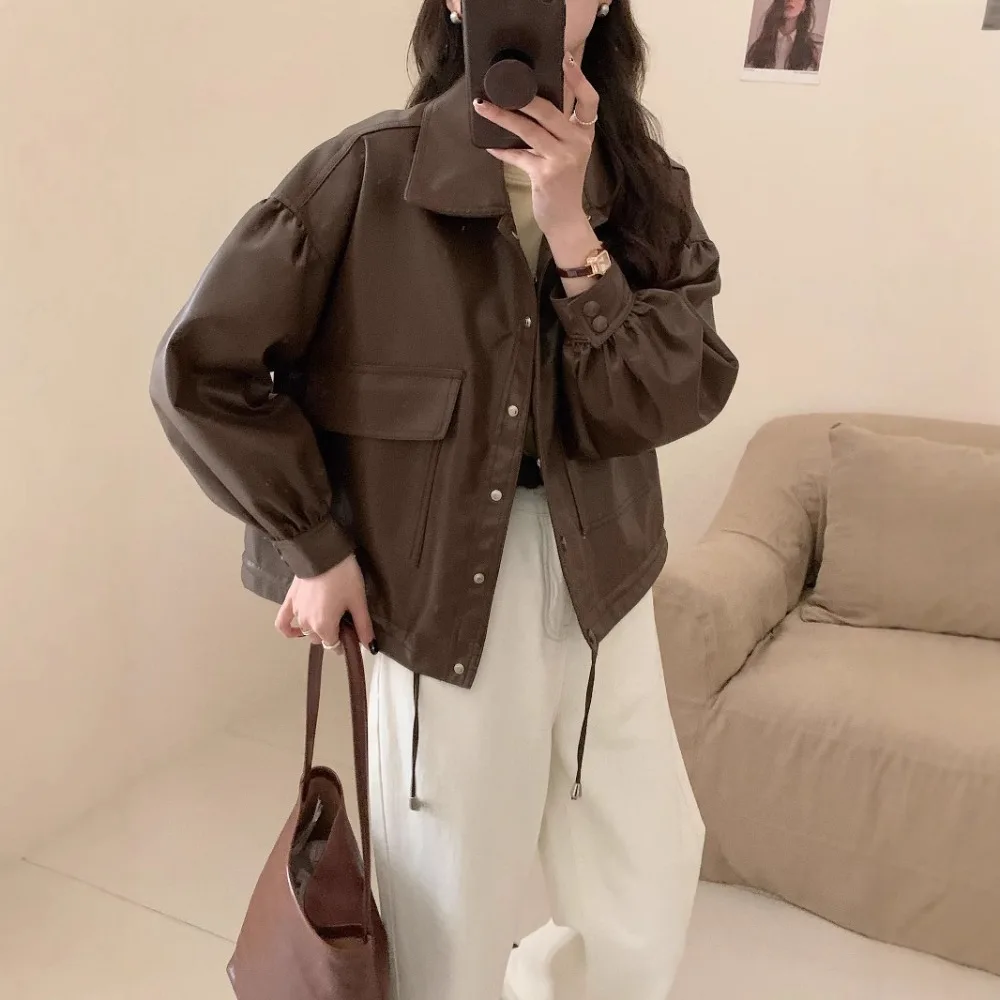 

PU Coat Women's Jacket Fashion Brown Faux Leather Jacket Women's Jacket Casual Black Ruffled Jacket Woman Leatherette Coat Women