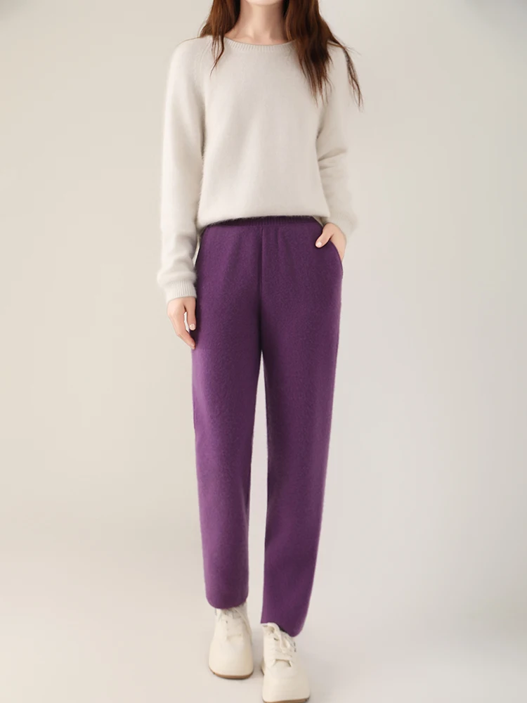 Women's Wool Pencil Pants Autumn Winter Office Lady Style Threaded Elastic Waist Trousers 100% Merino Wool Knitted Thicken Pants