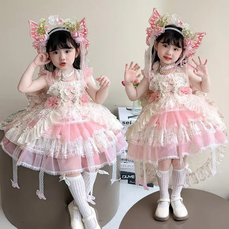 Girl Lolita Princess Dress Summer Sweet Cute Spaghetti Strap Dress Monet's Garden Bow Dress with Tail Puff Skirt Birthday Gift