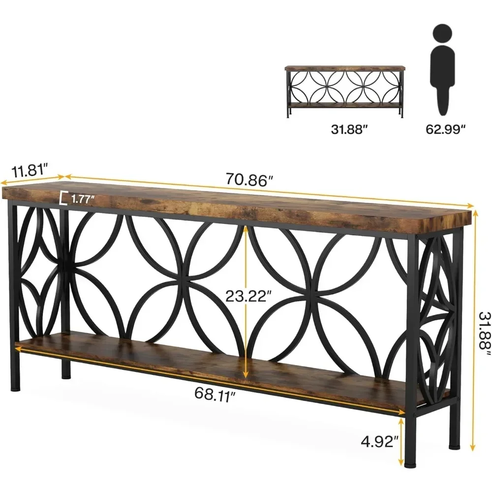 Industrial Long Sofa Table Behind Couch, 70.9-Inch Narrow Sofa Table, Entry Console Table with Storage for Entryway, Living Room