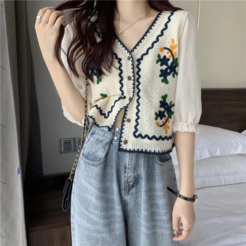 EAEOVNI Flower Embroidery Crochet Blouse with Chiffon Sleeve Button Front Cardigan Top Women Spring Summer Fairycore Cottagecore