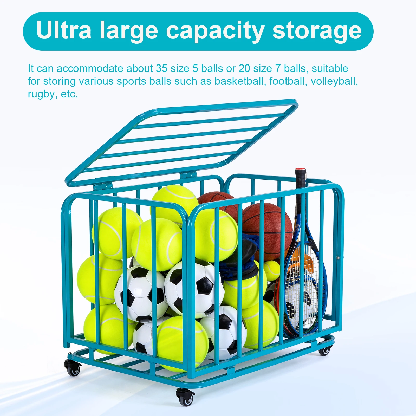 Basketball Or Volleyball Storage Ball Cart with Wheels Ball Storage Bin for Garage Club Or Gym