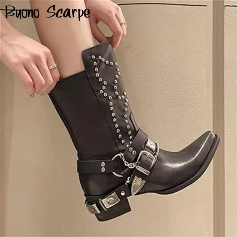 Pointed Toe Rivet Western Cowboy Boots Women Punk Style Large Size Belt Buckle Motocycle Boots Spice Girl Metal Ankle Botas New