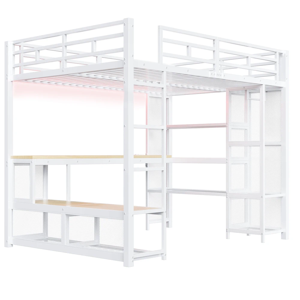 140 x 200 cm großes Hochbett aus Metall mit Stauraum und offenem Kleiderschrank, Kinderzimmerbett mit USB-Anschluss und LED-Beleuchtung, Schwarz/Weiß – Detail 26