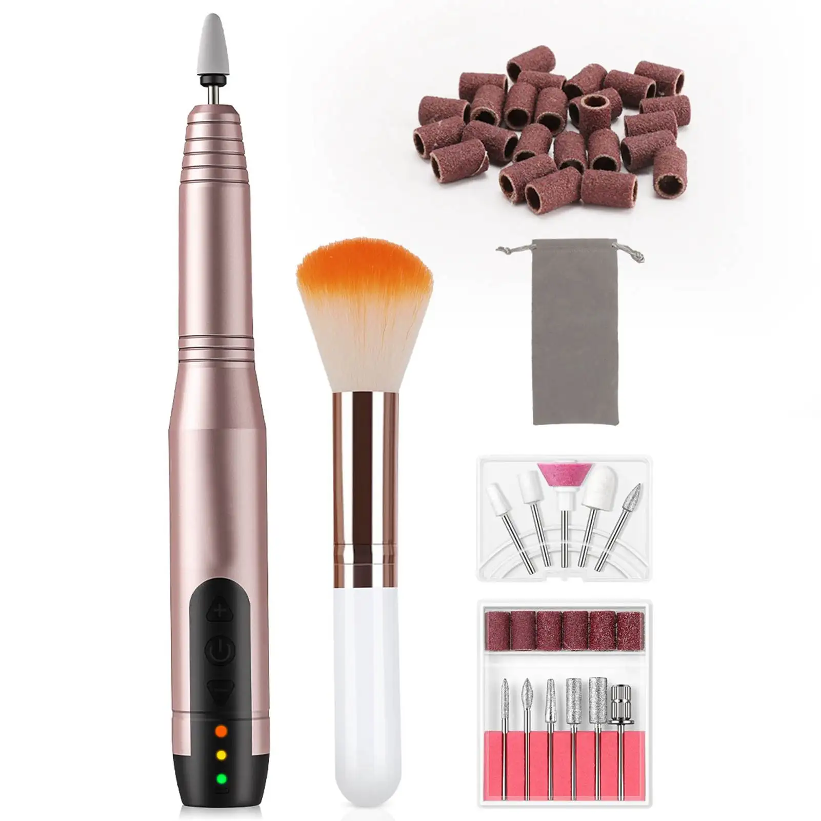 

Electric Nail Drill Machine Portable Nail Polisher with Changeable Drill Bits Brush and Frosted Heads Champagne Color 15%
