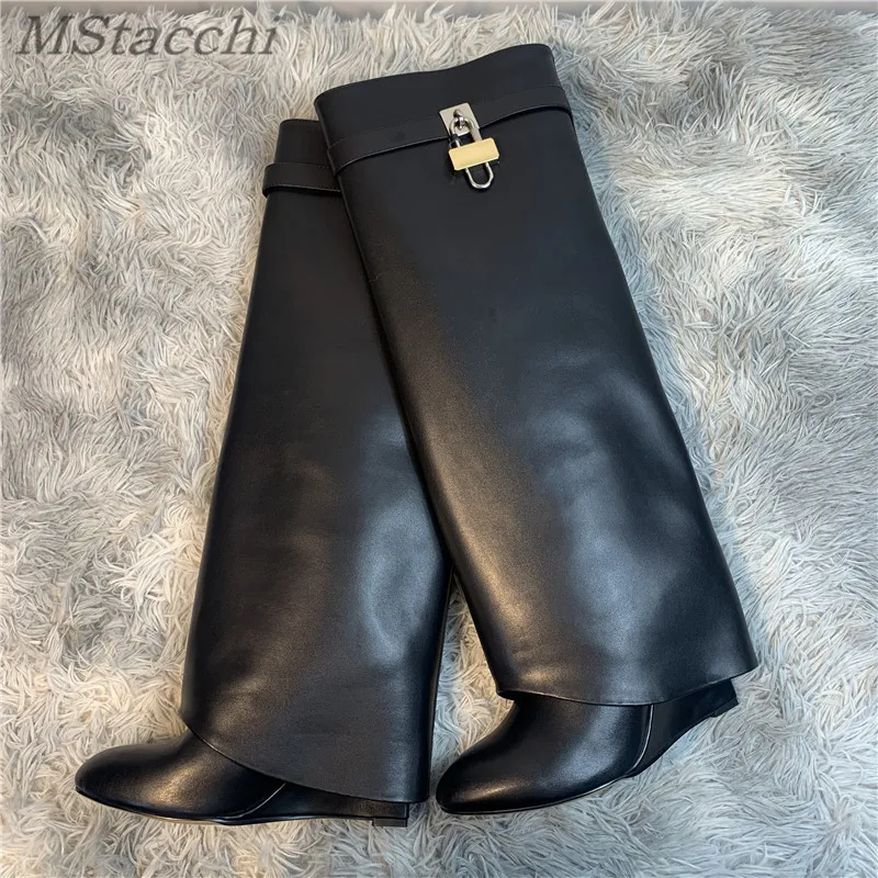 Shark Lock Women Boots Brand Design Genuine Leather Slip-on Knee High Boots For Woman Motorcycle Botas Mujer Fashion Wedge Shoes