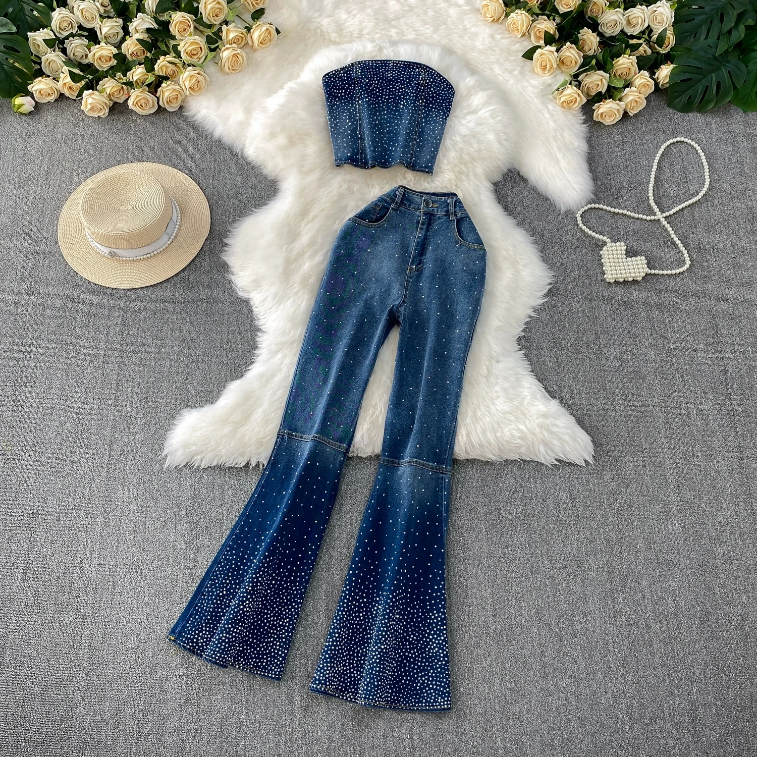Women Design Hot Diamond Flare Trouser Set Starry Sparkly Blazer Set High-waisted Slimming Jeans And Strapless Tops Outfits