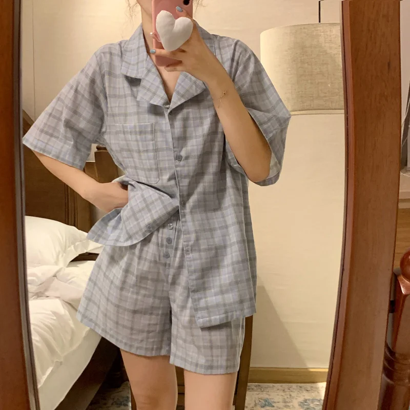 

New Plaid Simple 100%Cotton Holiday Stripe Short Sleeve Half Pants Summer Pajama Set Women Vintage Loose Girlish Style Sleepwear