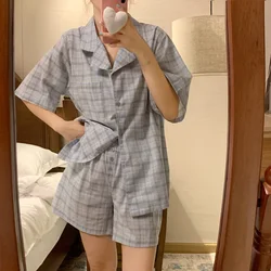 New Plaid Simple 100%Cotton Holiday Stripe Short Sleeve Half Pants Summer Pajama Set Women Vintage Loose Girlish Style Sleepwear