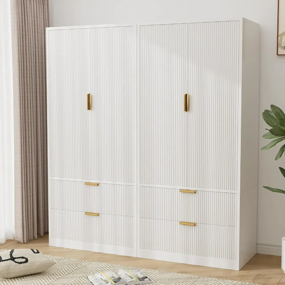 

2 Pack 70" Wardrobe Closet with Doors and Drawers, Hanging Rod, Gold Handles, Modern Wooden Armoire Wardrobe Closet, Wardrobes