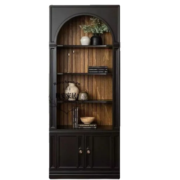 

American rural classical solid wood arched bookcase French retro black oak display case