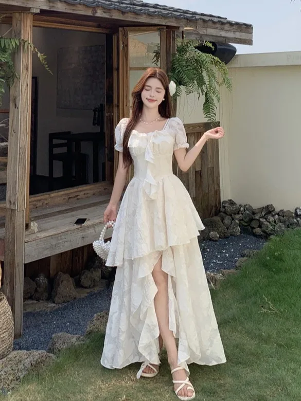 

plus Size Lace Short Sleeve Square Collar Dress Summer New Style Waist Cinched Irregular Fairy Skirt Korean Style Commute Wind