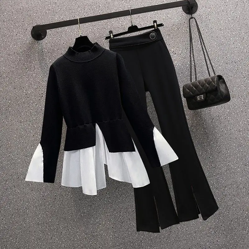 Fat Sister Fashion and Temperament Set Spring New 2024 Large Size Design Feel Spliced Shirt Micro Flared Pants Two Piece Set