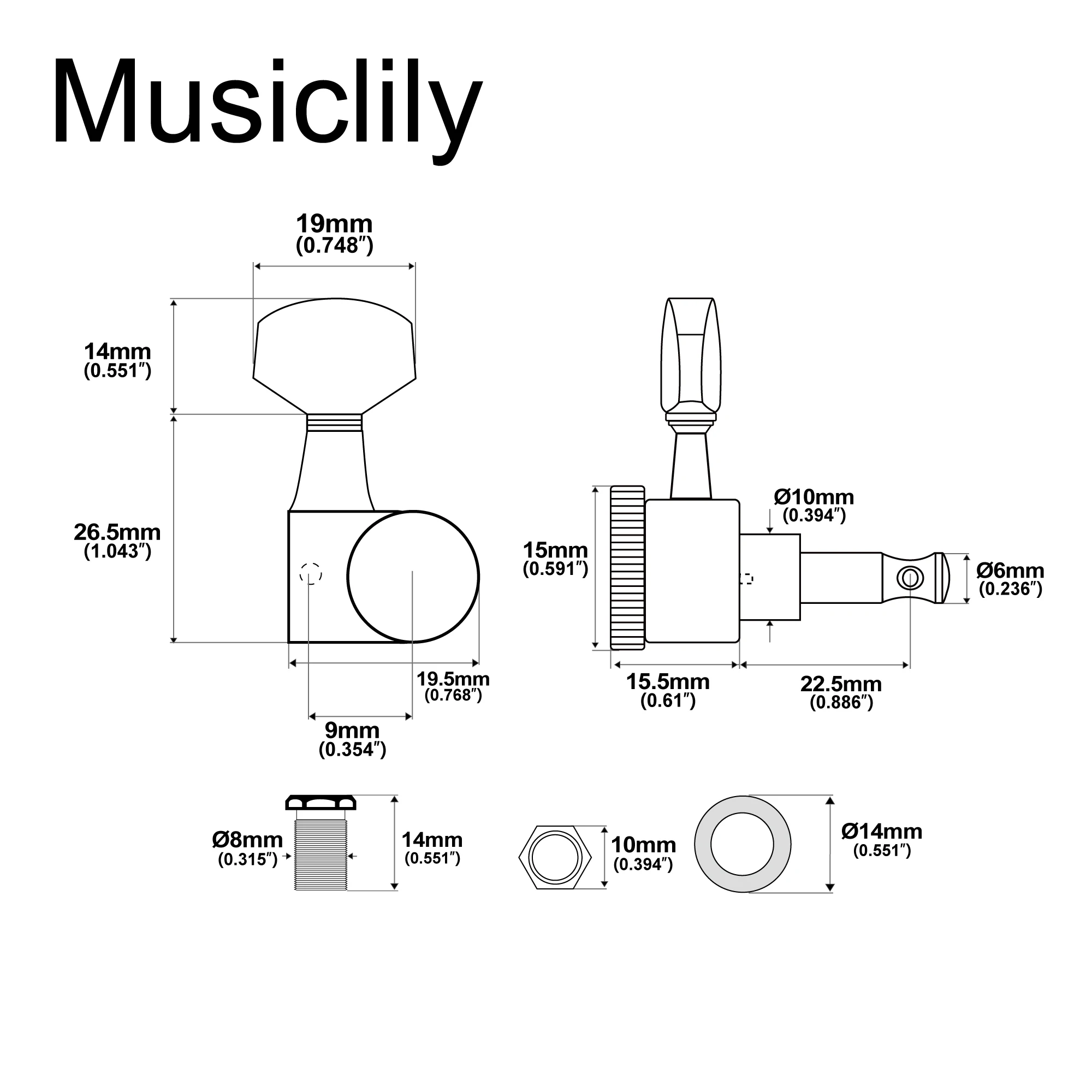 Musiclily Pro 6-in-line 15:1 Ratio 1-Pin Full Sealed Locking Machine Heads Tuners Tuning Pegs Keys for SQ ST Tele Guitar