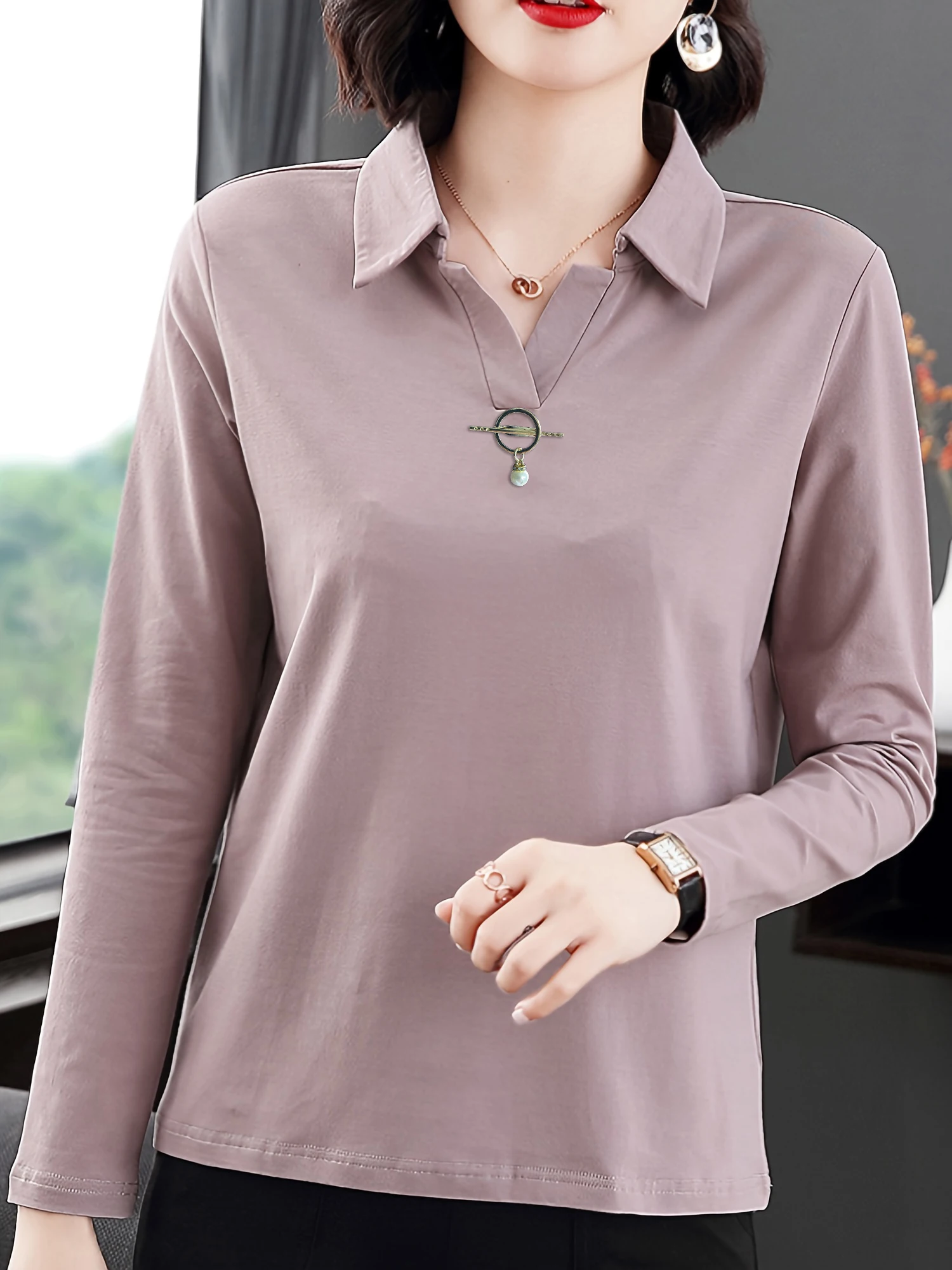 

Vibrant Solid Color Collared T-Shirt - Soft, Breathable, Long Sleeve Top for Spring & Fall, Women's Casual Clothing, Comfortable
