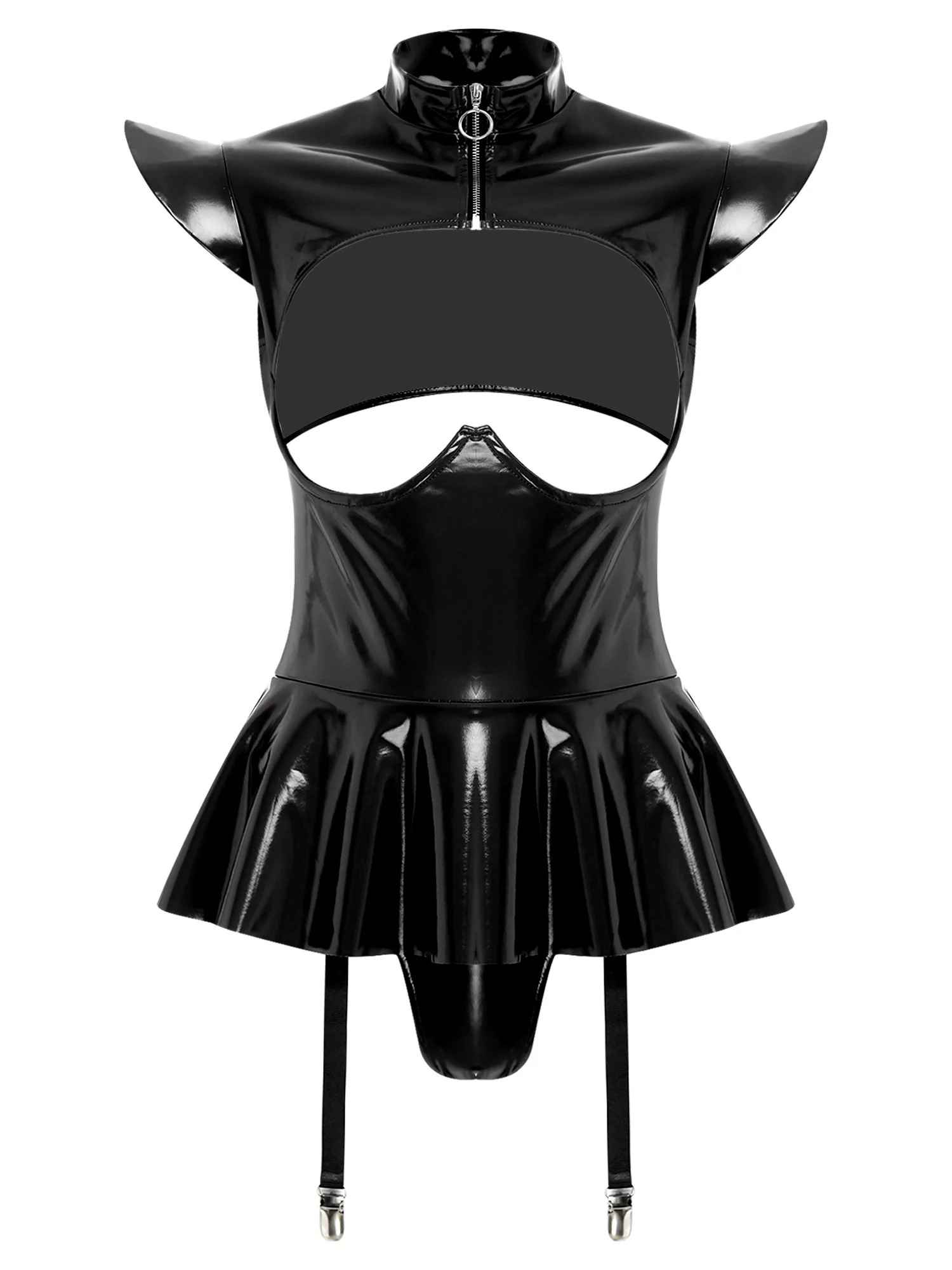 Womens Glossy PU Leather Bodysuit Fly Sleeve Hollow Out Push Up Underwire Ruffled Hem Garters Jumpsuit Clubwear for Night Party