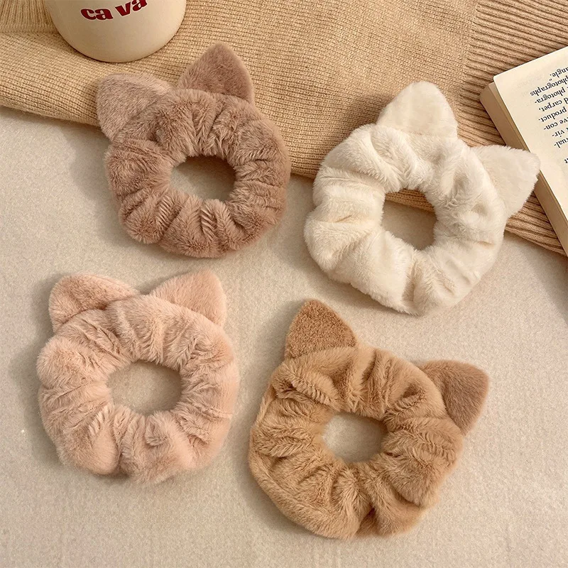 4PCS Korean Cat Ears Steamed Cat Ear Shaped Bread Plush Large Intestine Hair Band Girl Cute Hair Tie High Elastic Rubber Band