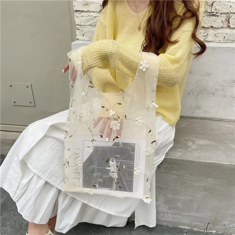 Female Flower Embroidery Hand Bag Organza Casual Tote Mesh Shopping Bags Woman Handbags