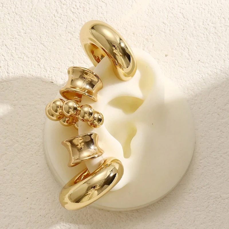 5pcs Vintage Exaggerated Wide Face Clip-On Earrings Set For Women Fashion Simple Copper Earring Couples Vacation Daily Jewelry