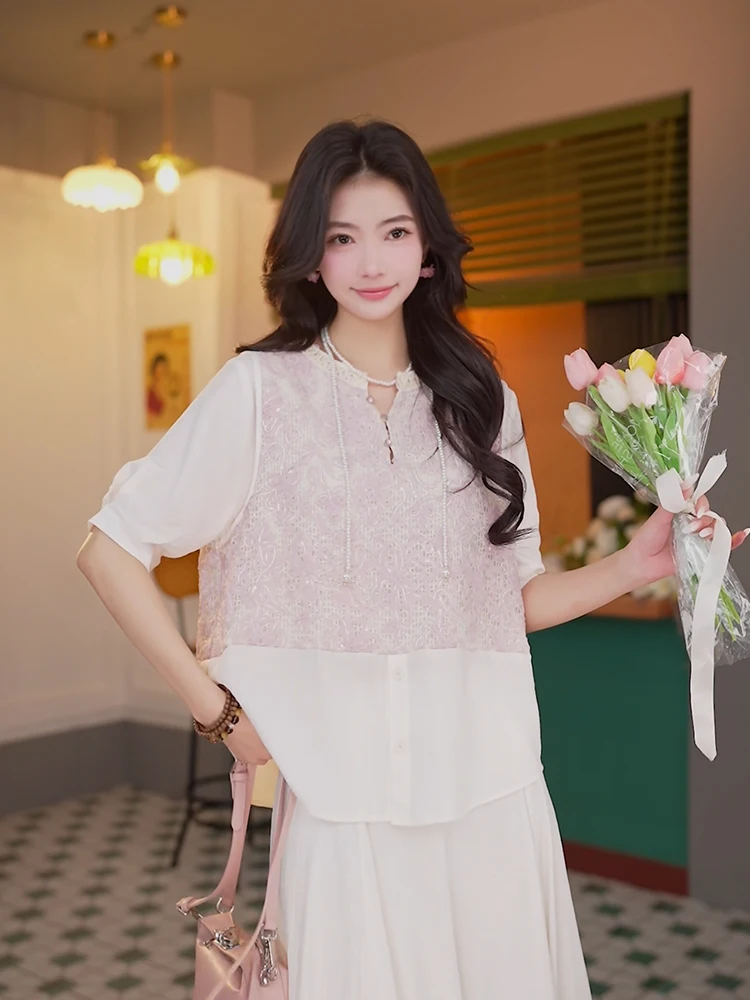 

Chen Jiajie Zhilan Woven Hook Flower ort Sve irt Женский летний тренд Тонкий топ Свободного покроя Полиэстер круглый Ne Button up