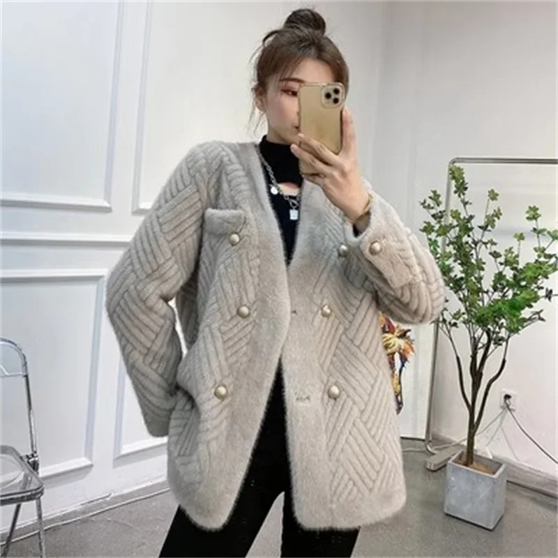 Manteau de fourrure à double boutonnage pour femme, cardigan à manches longues, fourrure ajoutée, vison en daim chaud, vêtements d'extérieur pour dames, hiver, nouveau, 2024