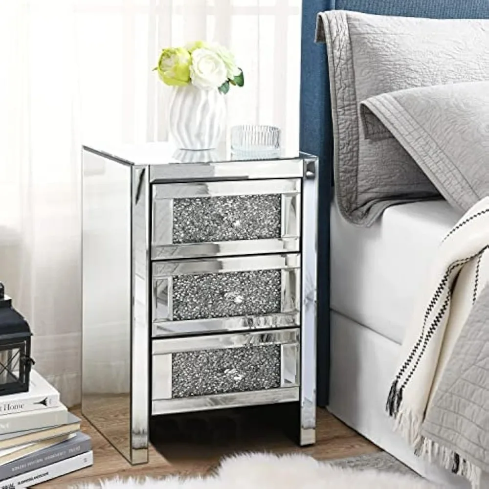 Mirrored Nightstands Set of 2 with 3-Drawers, Modern Mirror Glass End Table Silver Bedside Table for Living Room, Nightstand