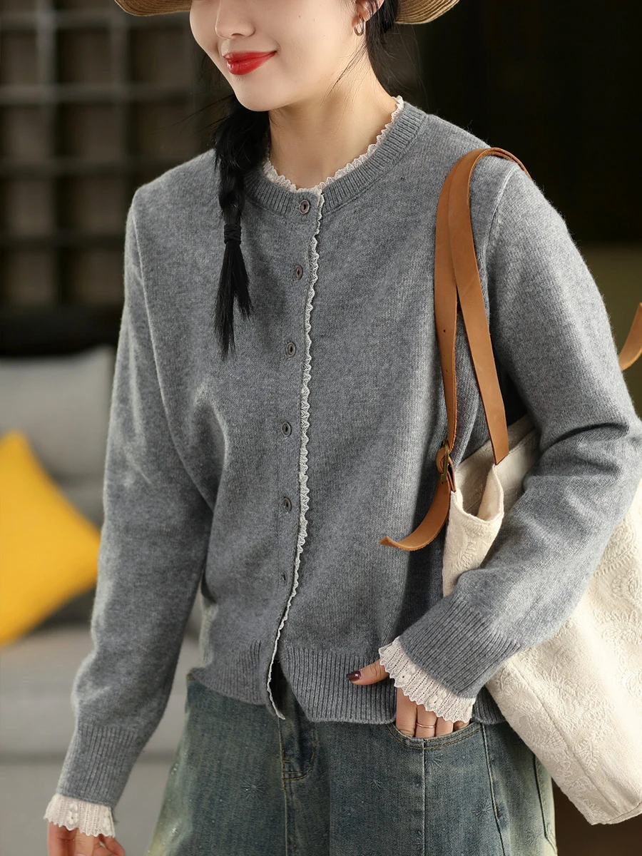 

Faionable Acetate Wool Knitted Jaet Women's Spring Long Sve Casual Sle Embellied Open Cardigan Outerwear Top