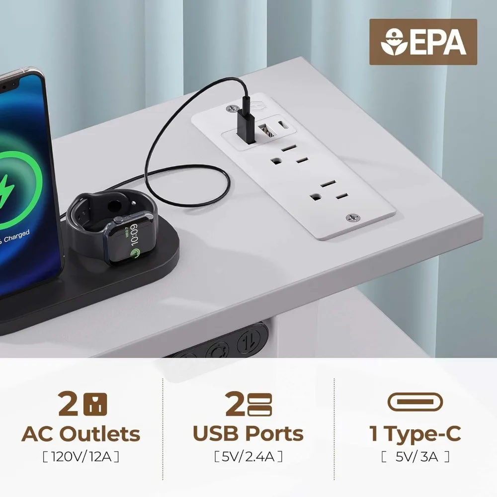 47-inch White Computer Desk with Drawers, LED Lights, Power Outlets & Keyboard Tray for Gaming and Office Use