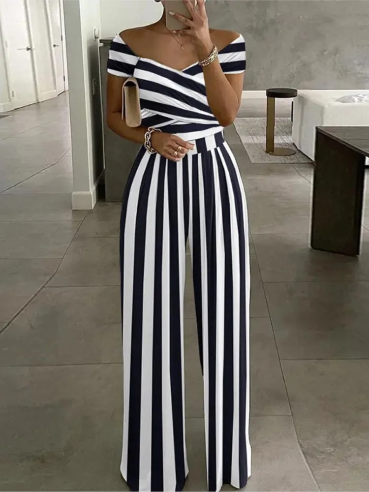 Summer New Printed One Shoulder Jumpsuits Women 2024 High Waist Short Sleeves Wide Leg Long Pants Slim Jumpsuit Ladies Commuting