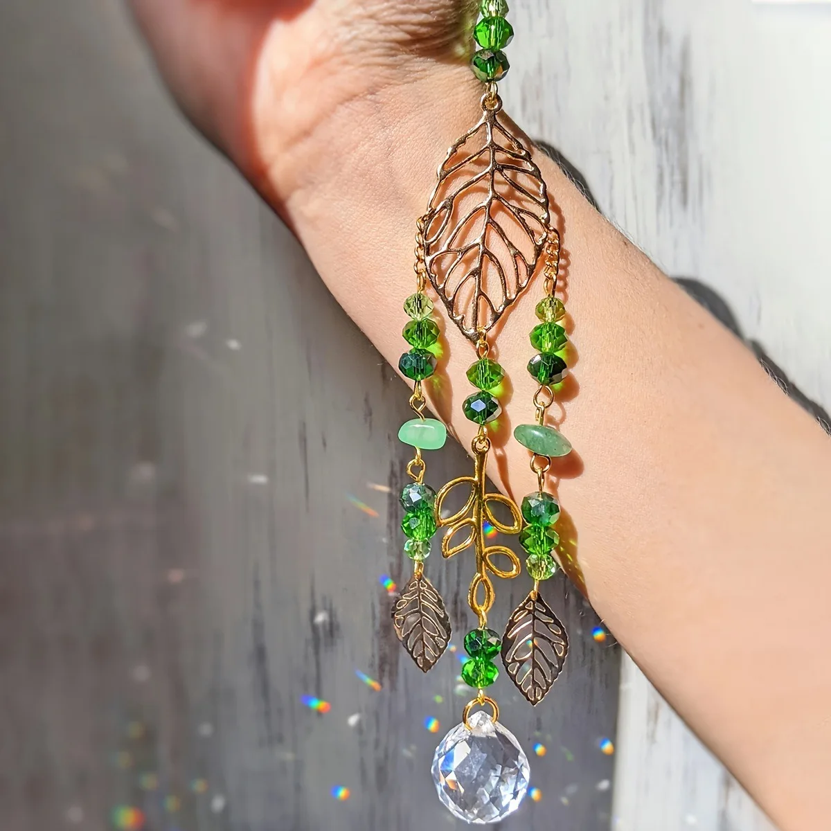 Crystal Suncatcher Gold Leaf Green Beads Hanging Prism Ball Rainbow Maker Window Curtain Decoration Garden Home Boho Decor Gift