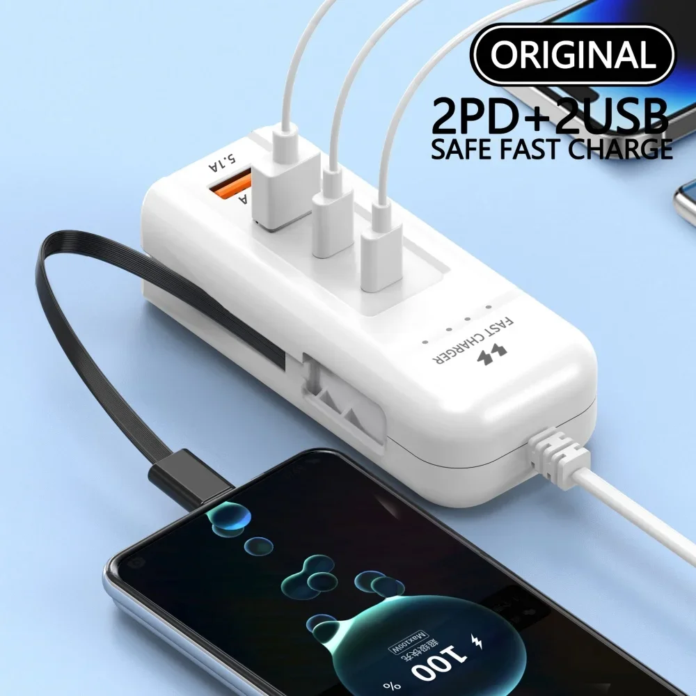 66 W 4-Port PD USB Schnelllade-Wandladegeräte Steckdose USB-Hub-Adapter USB Typ C EU US UK Stecker mit Verlängerungstyp-C-Kabel – Detail 4