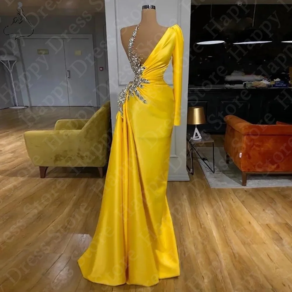 One Shoulder Fashion Formal Occasion Dresses New Yellow  Prom Dresses Long Sleeve Beading Appliques Party Dress Long Vestidos