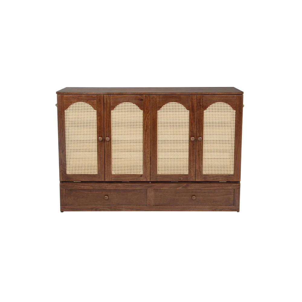 

Queen Size Murphy Bed, Pine Wood Cabinet Bed with Power Station and Rattan Decoration Panel,Walnut