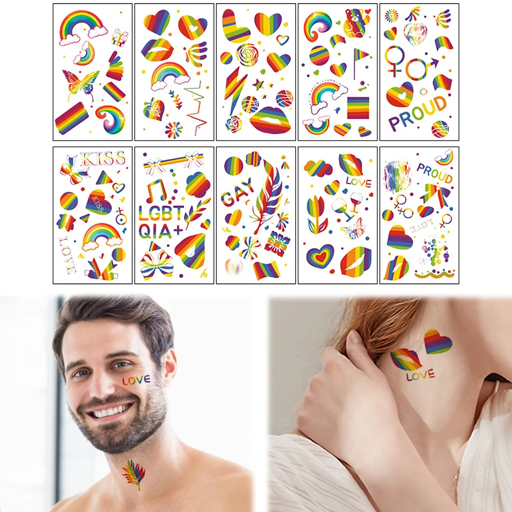 10 Sheets Gay Pride Tattoos Waterproof LGBT Rainbow Temporary Tattoos Mouth/Heart/Rainbow Tattoos for Pride Equality Parades