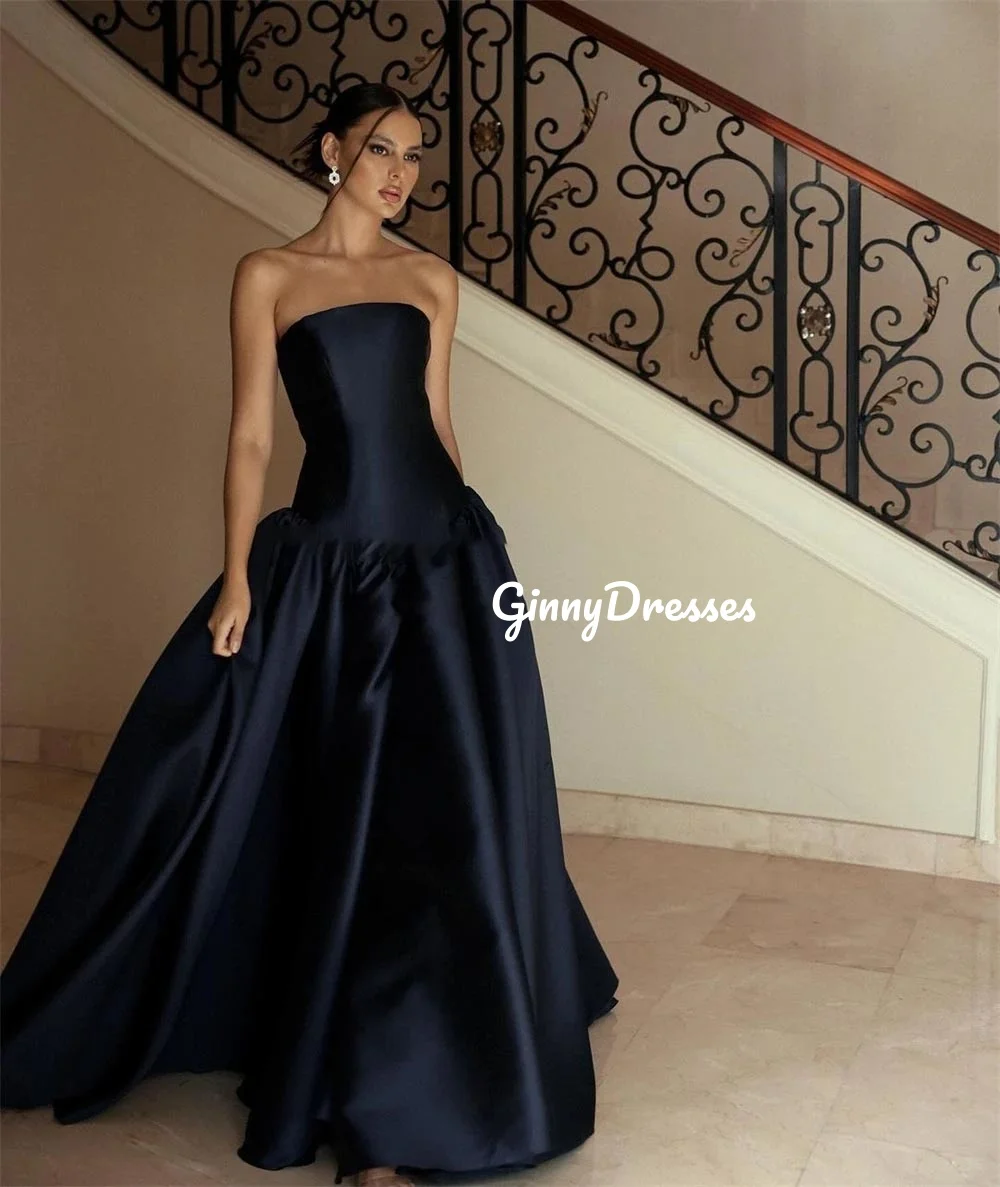 Customized Evening Dresses A-Line Strapless Floor-Length Wedding Dress Ruffle Zipper Up Satin Sleeveless Evening Dresses