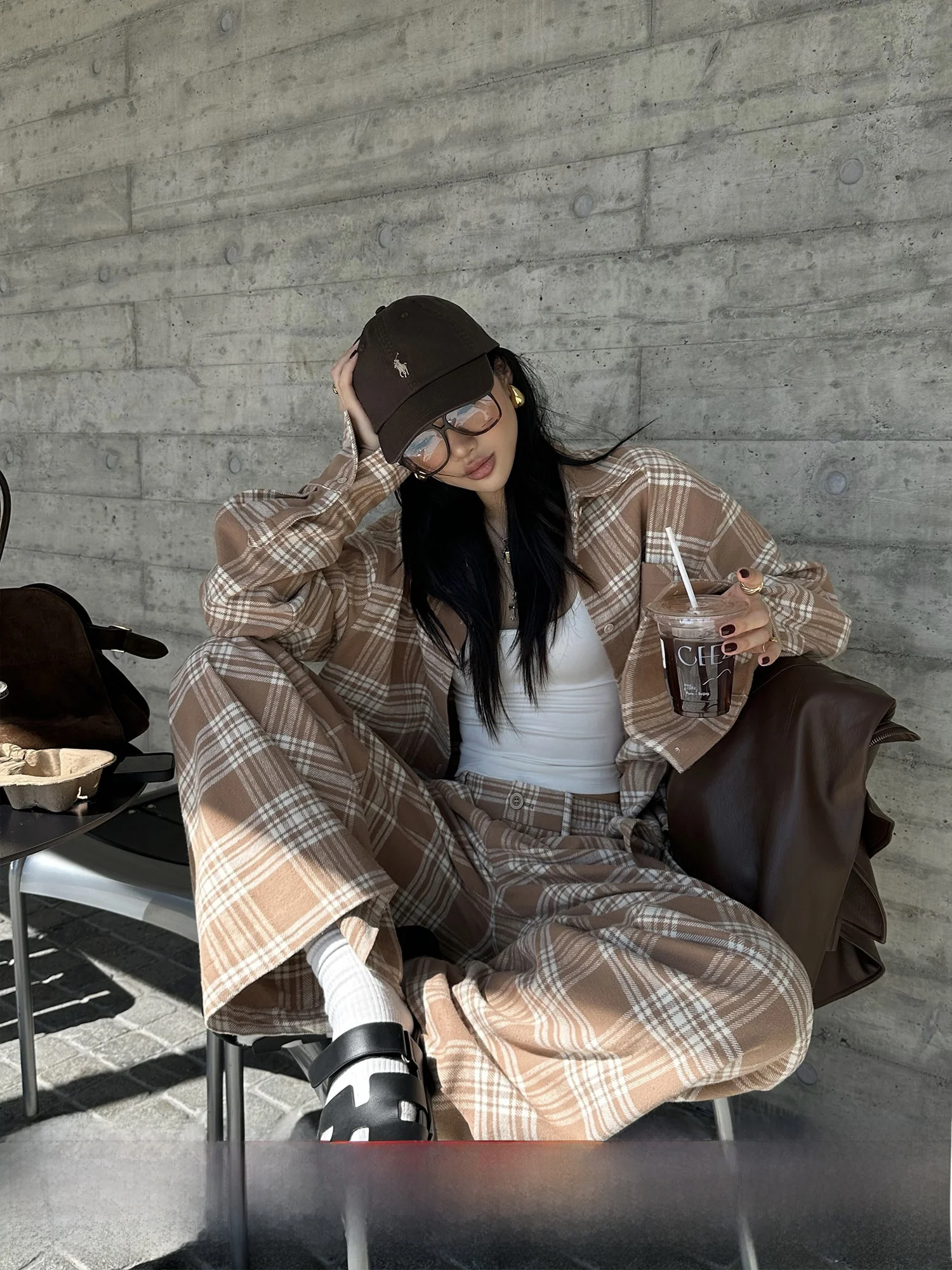 

Khaki Plaid Loose Women's irt And Pants Set Casual Sle Long Sve Cotton Autumn Faion Design Wide Leg Pants Ensemble