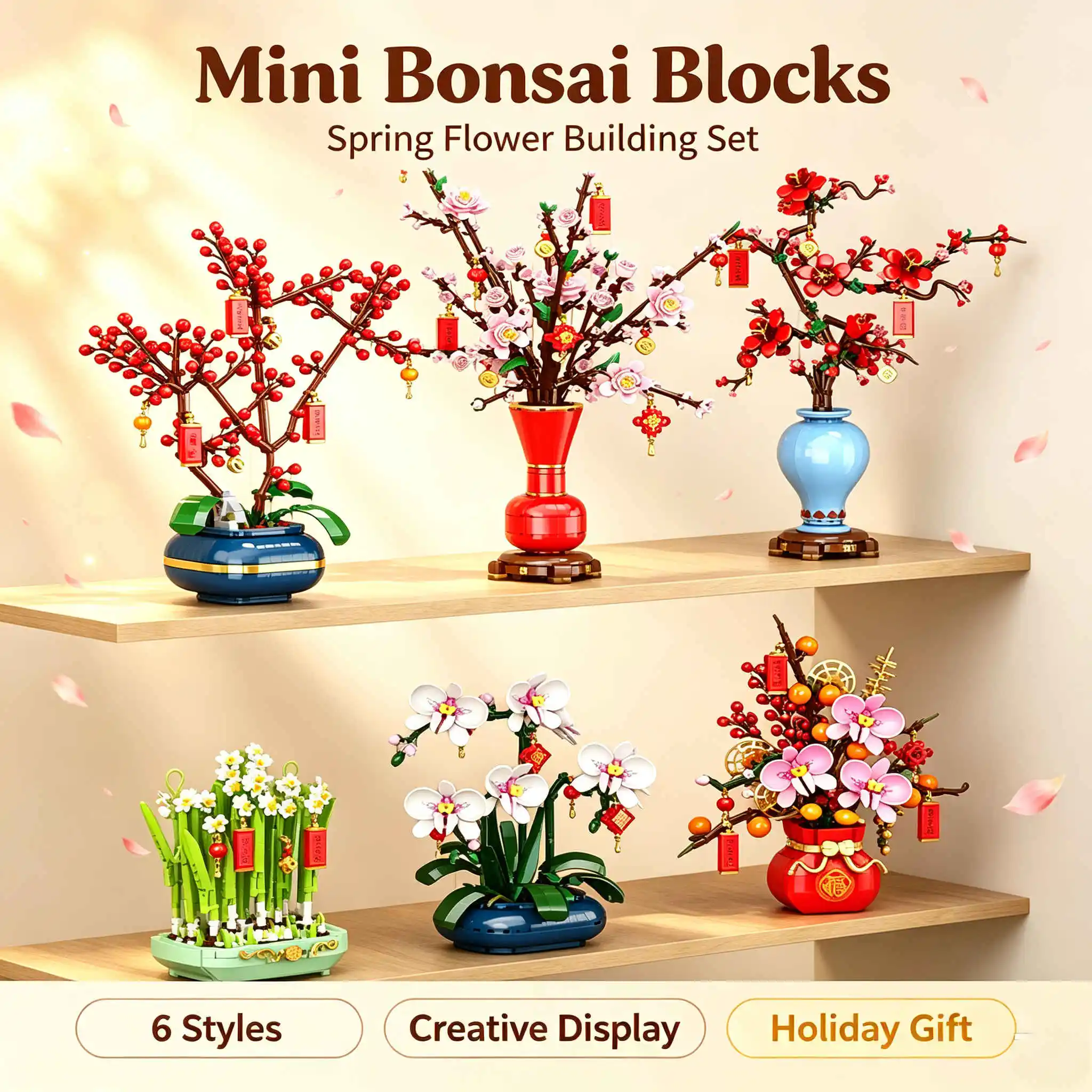 Everlasting Bonsai Bricks Plum Peach Orchid Flower Bouquet Peach Blossom Bonsai Potted Plant Building Blocks New Year Home Decor