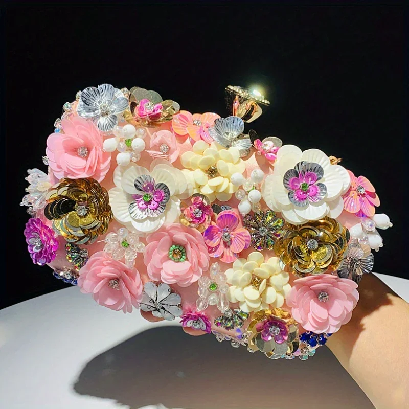 3D Beaded Flower Evening Bag, Elegant Box Clutch Purse, Women\'s Wedding Handbags For Party Prom